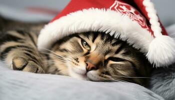 ai generiert süß Kätzchen Schlafen, Pelz gemütlich auf schneebedeckt Kissen generiert durch ai foto