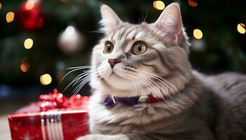 ai generiert süß Kätzchen suchen beim Kamera, umgeben durch Weihnachten Beleuchtung generiert durch ai foto