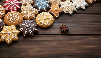 ai generiert hausgemacht Lebkuchen Kekse schmücken das Winter Dessert Tabelle generiert durch ai foto