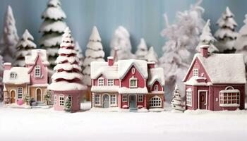 ai generiert Schneeflocken fallen, Winter Jahreszeit, Lebkuchen Haus Dessert generiert durch ai foto