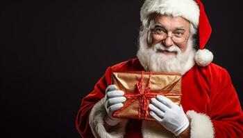 ai generiert lächelnd Senior Mann im Weihnachten Kostüm halten Geschenk generiert durch ai foto