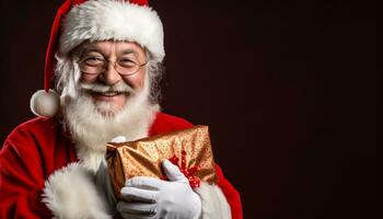 ai generiert lächelnd Senior Mann im Weihnachten Kostüm halten Geschenk generiert durch ai foto