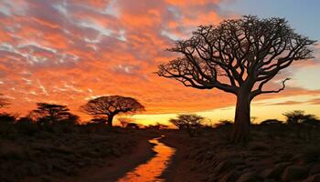 ai generiert Silhouette von Akazie Baum gegen Orange Sonnenuntergang Himmel generiert durch ai foto