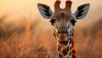 ai generiert süß Giraffe Weiden lassen auf Grün Wiese beim Sonnenuntergang generiert durch ai foto