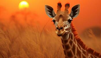 ai generiert Giraffe im Afrika, Sonnenuntergang, Gras, Tierwelt Reservieren generiert durch ai foto