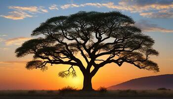 ai generiert Silhouette von Akazie Baum im afrikanisch Sonnenuntergang generiert durch ai foto