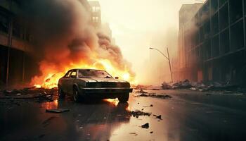 ai generiert Verbrennung Auto stürzt ab, Flammen explodieren, Zerstörung Spreads generiert durch ai foto