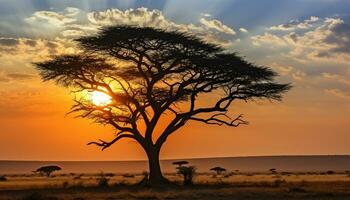 ai generiert Silhouette von Akazie Baum im afrikanisch Sonnenuntergang generiert durch ai foto