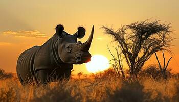 ai generiert Sonnenuntergang Über afrikanisch Savanne, Nashorn weidet im Wildnis generiert durch ai foto