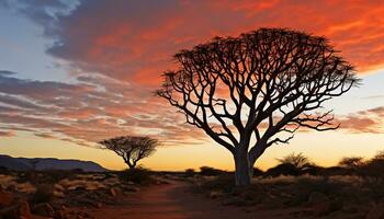 ai generiert Silhouette von Akazie Baum im afrikanisch Sonnenuntergang generiert durch ai foto