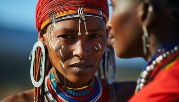 ai generiert jung afrikanisch Frauen lächelnd, präsentieren einheimisch Zulu Kultur generiert durch ai foto