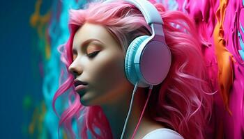 ai generiert jung Frau genießen Musik- mit stilvoll Kopfhörer generiert durch ai foto
