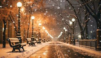 ai generiert schneebedeckt Nacht leuchtet Natur mit glühend Laternen generiert durch ai foto