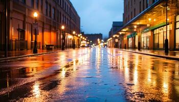 ai generiert Stadt Straße beim Dämmerung, reflektieren Auto Beleuchtung generiert durch ai foto