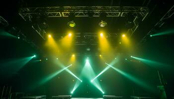 ai generiert glühend Bühne entzündet sich Nachtclub Feier mit Disko Beleuchtung generiert durch ai foto
