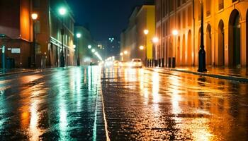 ai generiert Nachtzeit Stadt Straße, Auto Beleuchtung verwischen im Bewegung generiert durch ai foto