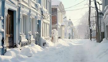 ai generiert Schnee bedeckt Stadt Straßen erstellen ein still Winter Szene generiert durch ai foto