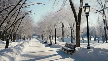 ai generiert Schnee bedeckt Baum im Winter, still Bank draußen generiert durch ai foto