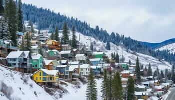 ai generiert Winter Landschaft schneebedeckt Berge, Wald, Hütte, Skifahren Abenteuer generiert durch ai foto