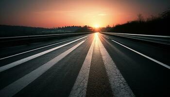 ai generiert Beschleunigen verschwinden Punkt auf mehrere Fahrbahn Autobahn beim Dämmerung generiert durch ai foto