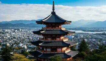 ai generiert uralt Pagode steht hoch im japanisch Stadtbild generiert durch ai foto