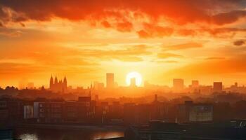 ai generiert Stadtbild Silhouette beim Dämmerung, Wolkenkratzer reflektieren Sonnenuntergang generiert durch ai foto