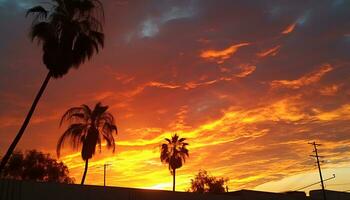 ai generiert romantisch Himmel, Sonnenuntergang Silhouette, Palme Baum Schönheit generiert durch ai foto