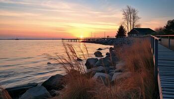 ai generiert Sonnenuntergang Über still Wasser, Natur Schönheit im Dämmerung generiert durch ai foto