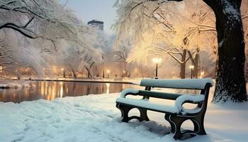 ai generiert Winter Nacht, Schnee bedeckt Baum beleuchtet durch Laterne generiert durch ai foto