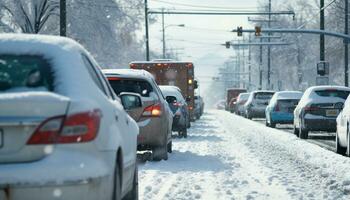 ai generiert schneebedeckt Stadt Straßen erstellen ein gefährlich der Verkehr Marmelade generiert durch ai foto