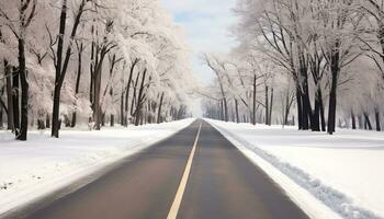 ai generiert Winter Landschaft, Schnee bedeckt Straße führt zu still Wald generiert durch ai foto