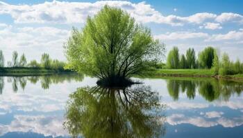 ai generiert still Szene von Grün Wiese, Baum, und Teich generiert durch ai foto