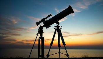 ai generiert Silhouette Aufpassen Sonnenuntergang, Hand gehaltenen Teleskop entdeckt milchig Weg generiert durch ai foto