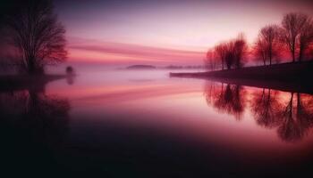 ai generiert Silhouette von Baum spiegelt im still Teich generiert durch ai foto