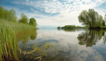 ai generiert still Szene von ein Sommer- Wald reflektieren auf ein Teich generiert durch ai foto