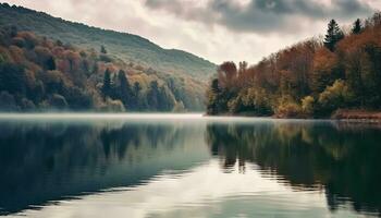 ai generiert still Szene von Herbst Wald spiegelt auf Teich generiert durch ai foto
