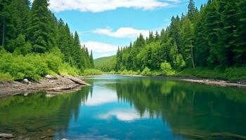 ai generiert majestätisch Berg Gipfel spiegelt im still Blau Teich generiert durch ai foto