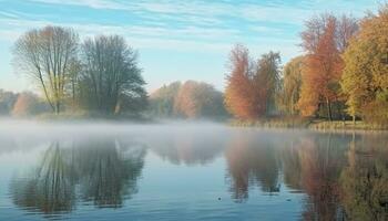 ai generiert still Herbst Landschaft, Gelb Baum spiegelt auf Wasser generiert durch ai foto