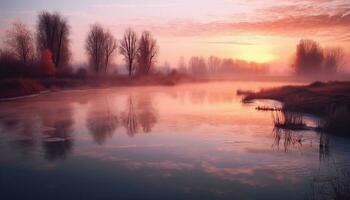 ai generiert Sonnenuntergang Betrachtung auf still Wasser, Natur Schönheit präsentiert generiert durch ai foto