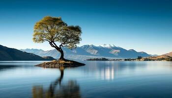 ai generiert still Szene von Berg Gipfel reflektiert im Wasser generiert durch ai foto