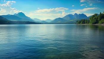 ai generiert Berg Gipfel spiegelt im still Wasser, Natur Schönheit generiert durch ai foto