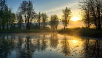 ai generiert still Sonnenuntergang spiegelt auf Wasser, Natur Schönheit generiert durch ai foto