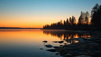 ai generiert Sonnenuntergang Über Wasser, still Szene, Silhouette von Baum generiert durch ai foto