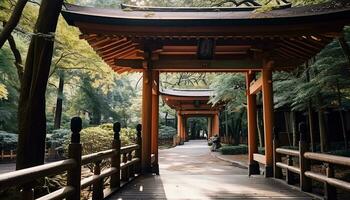 ai generiert uralt Pagode im still japanisch Wald Landschaft generiert durch ai foto