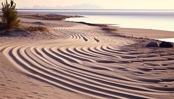 ai generiert Sonnenuntergang Über das still Sand Dünen, ein Schönheit generiert durch ai foto