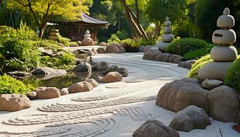 ai generiert still Stein Garten, Grün Bäume, friedlich Entspannung generiert durch ai foto