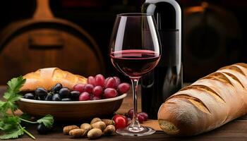 ai generiert Frische und Gourmet, Wein, brot, Frucht, Holz, generiert durch ai foto