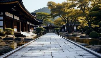 ai generiert still japanisch Garten mit uralt Pagode und Laterne, generiert durch ai foto