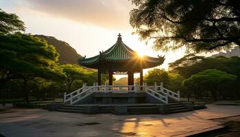 ai generiert berühmt Peking Pagode, Sonnenuntergang, uralt die Architektur, Chinesisch Kultur, generiert durch ai foto