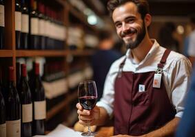 ai generiert lächelnd Mann halten Wein Flasche, suchen beim Kamera generiert durch ai foto